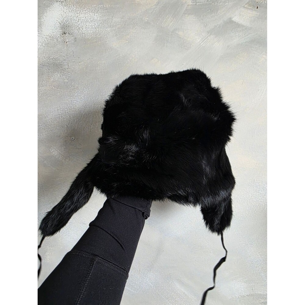 USHANKA / SHAPKA Slavic Doll Black Real Rabbit Fur Russian Trapper Hat XL